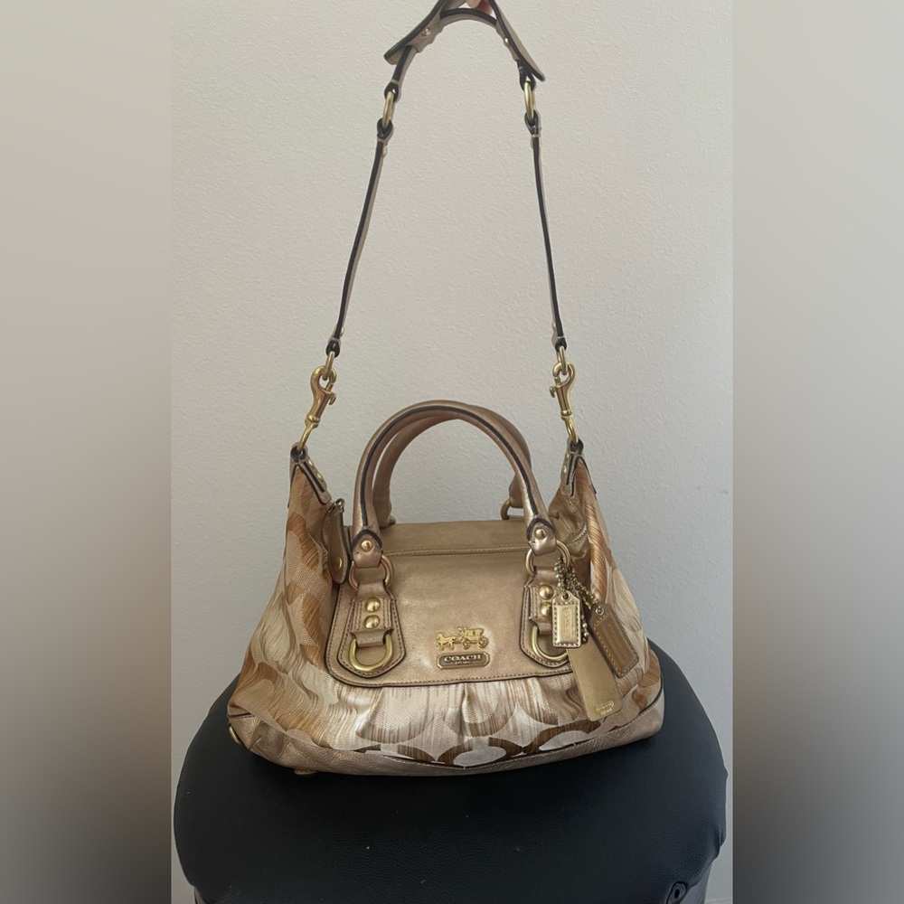 Coach Signature Canvas Gold Leather Hobo Satchel